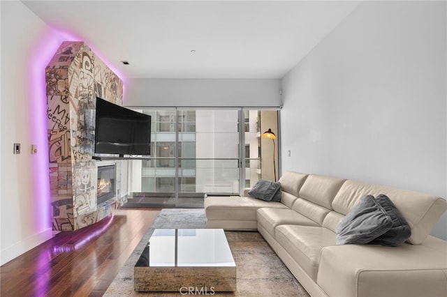 living area featuring hardwood / wood-style floors and a glass covered fireplace