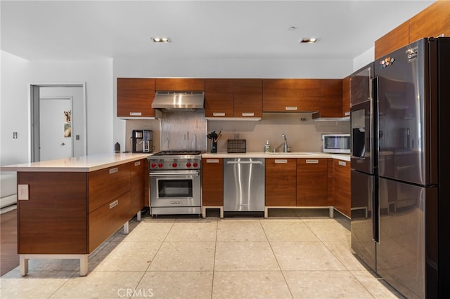 kitchen with stainless steel appliances, a peninsula, under cabinet range hood, a sink, and modern cabinets