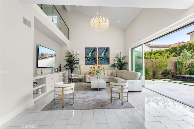 244 Coal Mine, Irvine, CA 92602 - living room featuring light marble finish floors, high vaulted ceiling, a chandelier, healthy amount of natural light, and baseboards