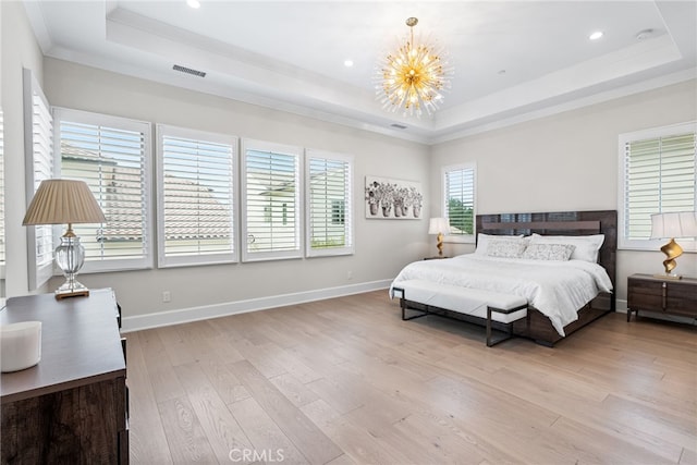244 Coal Mine, Irvine, CA 92602 - bedroom with a raised ceiling, light wood-style floors, a chandelier, crown molding, and recessed lighting