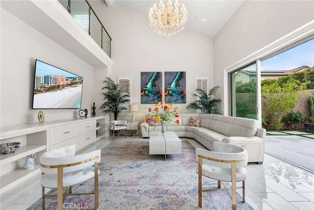 244 Coal Mine, Irvine, CA 92602 - living room with high vaulted ceiling, a chandelier, and light tile patterned floors