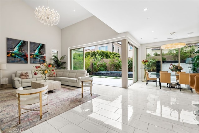 244 Coal Mine, Irvine, CA 92602 - living room featuring a chandelier, marble look tiles, high vaulted ceiling, and recessed lighting