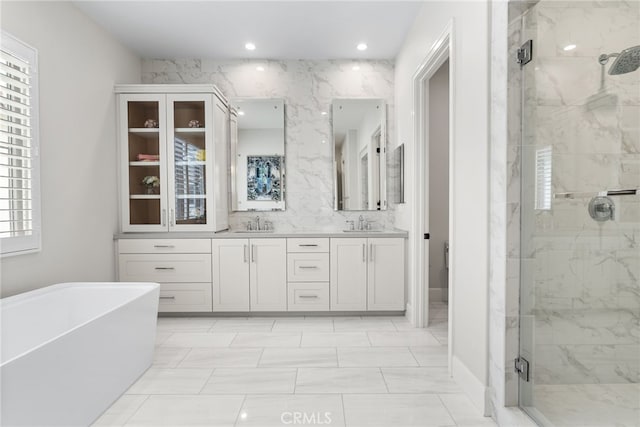 244 Coal Mine, Irvine, CA 92602 - full bathroom with a marble finish shower, a soaking tub, double vanity, and recessed lighting