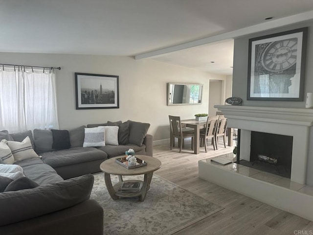 living room featuring light wood-style floors, baseboards, and a fireplace with raised hearth