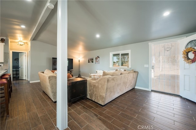 840 S Oak Glen Ave, Nipomo, CA 93444 - living area featuring dark wood-style flooring, baseboards, recessed lighting, and lofted ceiling