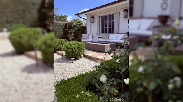 view of yard featuring an outdoor living space and a patio