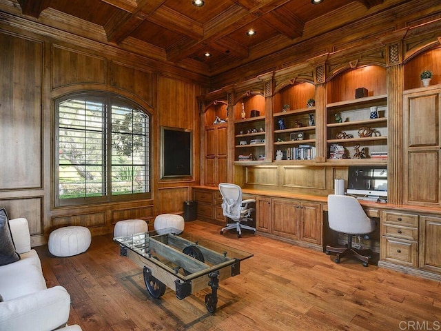 18414 Calle La Serra, Rancho Santa Fe, CA 92091 - office with wood ceiling, built in desk, wooden walls, beam ceiling, and light wood finished floors