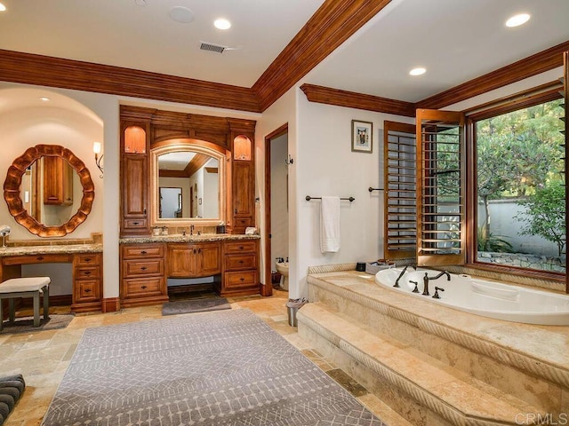 18414 Calle La Serra, Rancho Santa Fe, CA 92091 - bathroom with crown molding, a bath, vanity, toilet, and baseboards