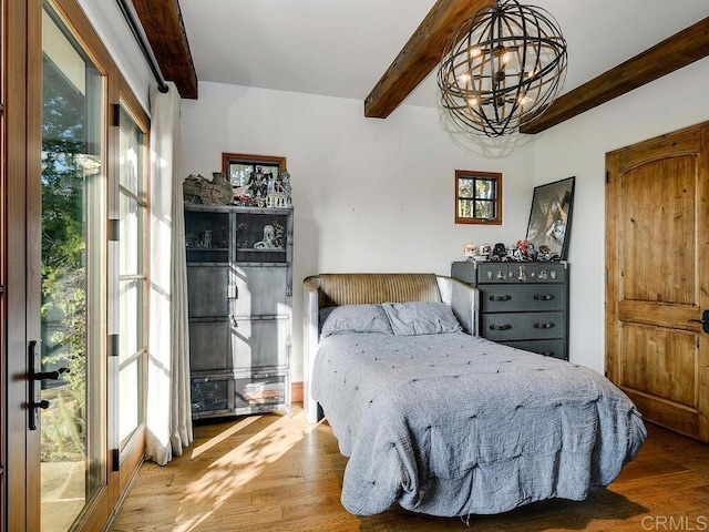 18414 Calle La Serra, Rancho Santa Fe, CA 92091 - bedroom featuring beamed ceiling, wood finished floors, and a chandelier