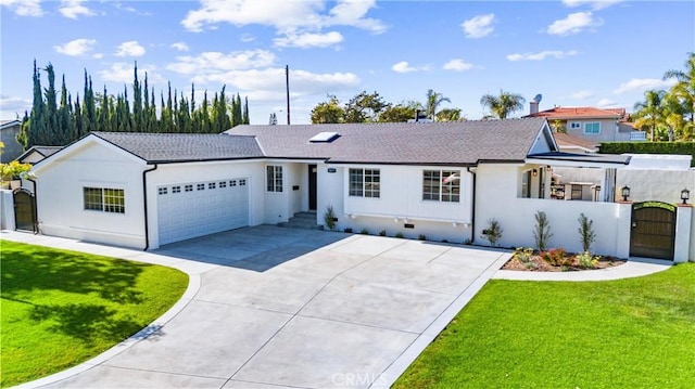 18011 Theodora Dr, Tustin, CA 92780 - ranch-style home with a gate, an attached garage, driveway, roof with shingles, and stucco siding