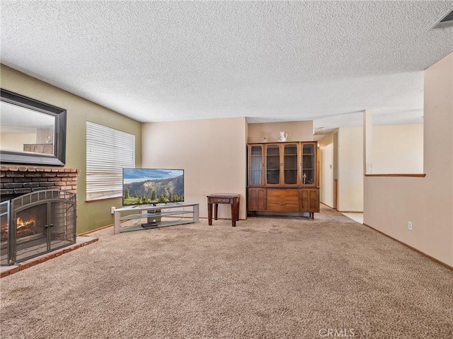 17949 Catalpa St, Hesperia, CA 92345 - carpeted living room with a textured ceiling, a brick fireplace, and baseboards