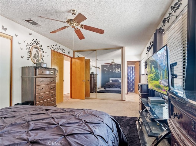 17949 Catalpa St, Hesperia, CA 92345 - carpeted bedroom with a textured ceiling, ceiling fan, and a closet