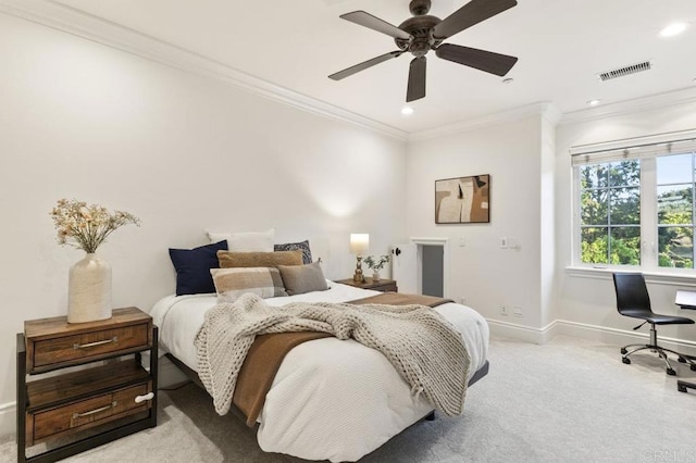 bedroom with baseboards, ornamental molding, light colored carpet, recessed lighting, and an office area