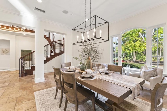 dining space featuring stone tile flooring, crown molding, stairway, baseboards, and recessed lighting