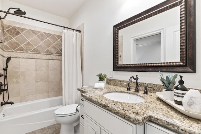 full bath with toilet, vanity, shower / bath combination with curtain, and tile patterned flooring