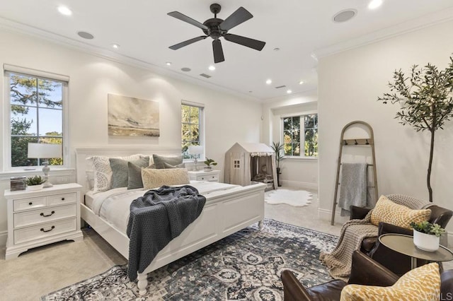 bedroom with light colored carpet, ornamental molding, recessed lighting, and baseboards