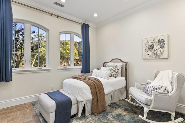 bedroom featuring crown molding, baseboards, recessed lighting, and stone finish flooring