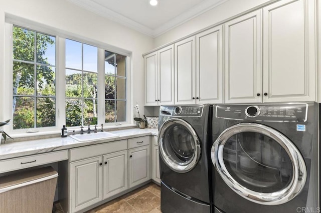 32110 Dos Ninas Rd, Bonsall, CA 92003 - washroom with cabinet space, washing machine and clothes dryer, plenty of natural light, and crown molding