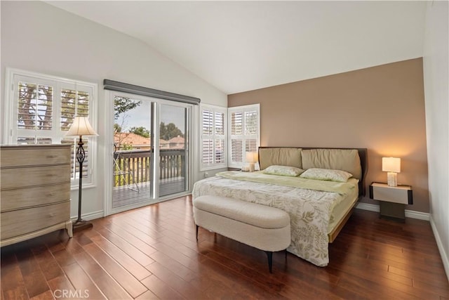 bedroom featuring lofted ceiling, access to outside, multiple windows, and dark wood-type flooring