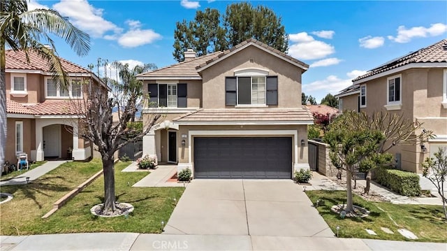 view of front of house with an attached garage, a chimney, stucco siding, concrete driveway, and a tile roof