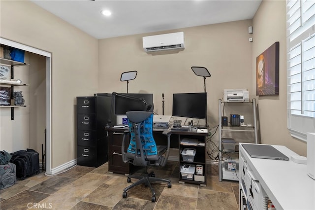 14538 Eagle River Rd, Eastvale, CA 92880 - office space featuring an AC wall unit, stone finish flooring, baseboards, and recessed lighting