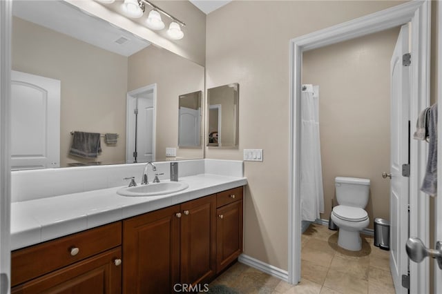 14538 Eagle River Rd, Eastvale, CA 92880 - bathroom featuring vanity, toilet, tile patterned flooring, baseboards, and a shower with curtain