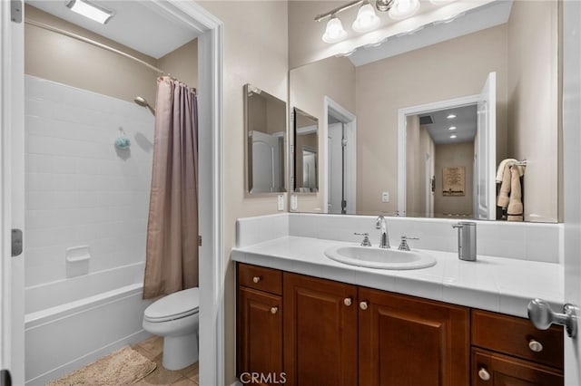 14538 Eagle River Rd, Eastvale, CA 92880 - bathroom with toilet, vanity, tile patterned floors, and shower / bath combo with shower curtain