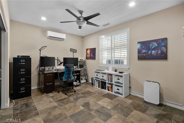 14538 Eagle River Rd, Eastvale, CA 92880 - office space with a wall mounted air conditioner, ceiling fan, baseboards, recessed lighting, and stone finish flooring