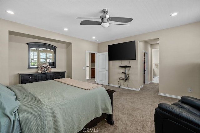 14538 Eagle River Rd, Eastvale, CA 92880 - bedroom with baseboards, light colored carpet, recessed lighting, and ceiling fan