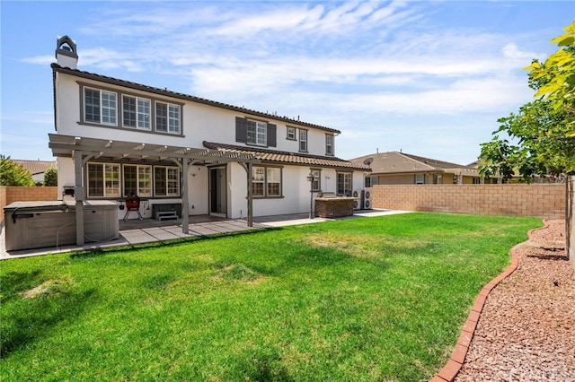 14538 Eagle River Rd, Eastvale, CA 92880 - back of property with a hot tub, a pergola, stucco siding, a patio, and a chimney