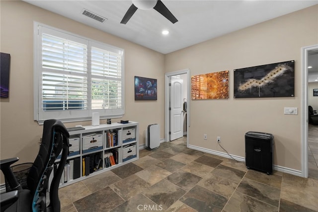 14538 Eagle River Rd, Eastvale, CA 92880 - office space featuring a ceiling fan, baseboards, recessed lighting, and stone finish floors