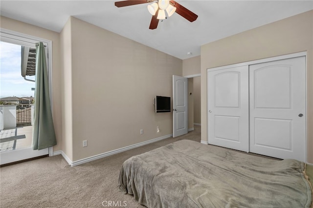 14538 Eagle River Rd, Eastvale, CA 92880 - bedroom with carpet flooring, baseboards, access to exterior, and ceiling fan