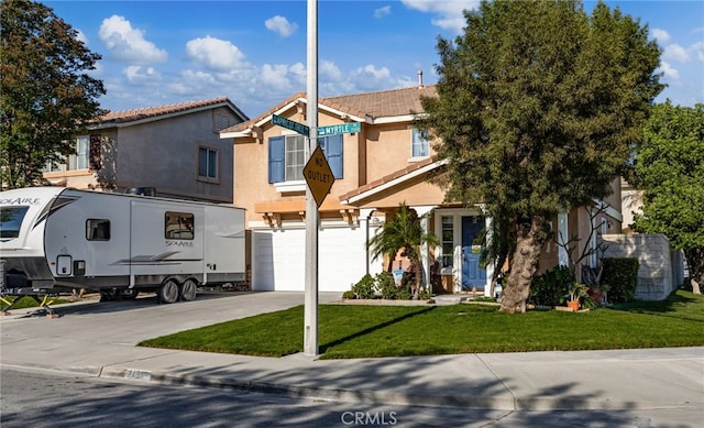 7189 Myrtle Pl, Fontana, CA 92336 - view of front of property featuring a garage, concrete driveway, stucco siding, and a tile roof