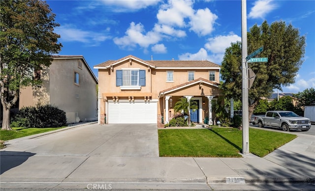 7189 Myrtle Pl, Fontana, CA 92336 - traditional-style house with stucco siding, concrete driveway, a garage, and a front yard