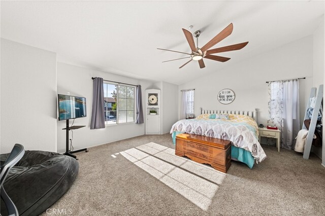 7189 Myrtle Pl, Fontana, CA 92336 - bedroom with carpet flooring, vaulted ceiling, and a ceiling fan
