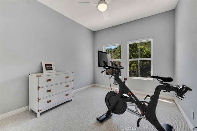 587 Fenwick Way Unit B, Simi Valley, CA 93065 - exercise area with light carpet, baseboards, and a ceiling fan