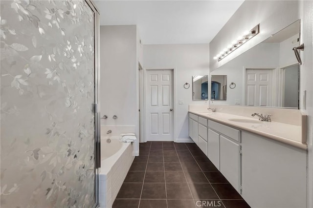 587 Fenwick Way Unit B, Simi Valley, CA 93065 - full bath with a bath, tile patterned flooring, double vanity, and walk in shower