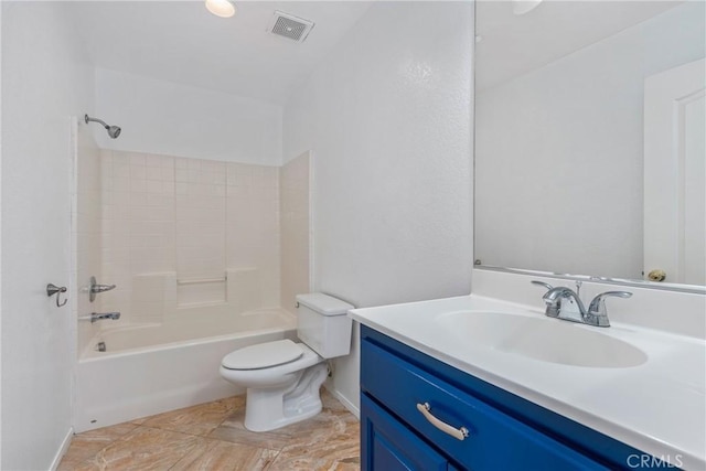 bathroom featuring toilet, vanity,  shower combination, and baseboards