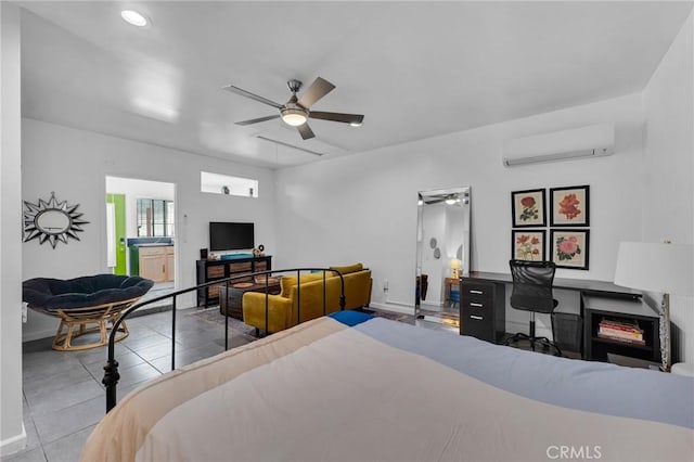 bedroom featuring a wall mounted air conditioner, tile patterned flooring, an office area, recessed lighting, and ceiling fan