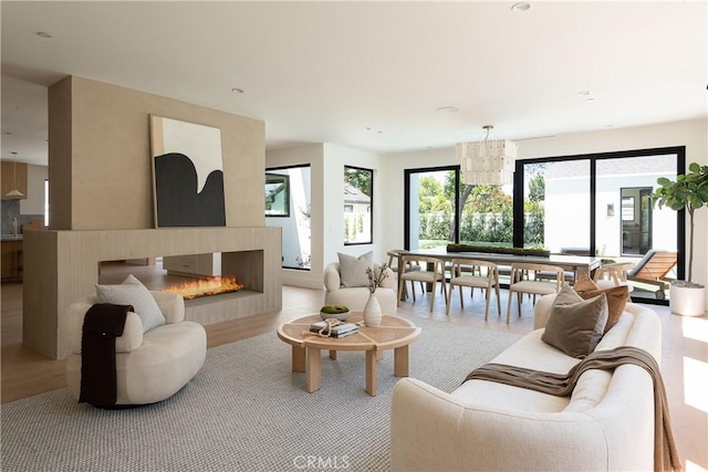 living room with a glass covered fireplace and wood finished floors