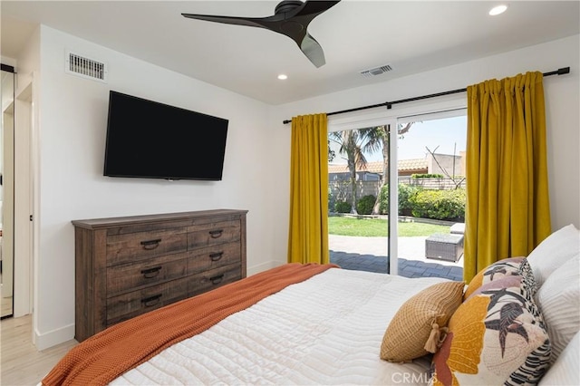 bedroom with access to exterior, wood finished floors, recessed lighting, baseboards, and ceiling fan