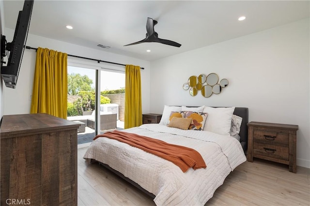 bedroom with access to exterior, light wood-type flooring, recessed lighting, and a ceiling fan