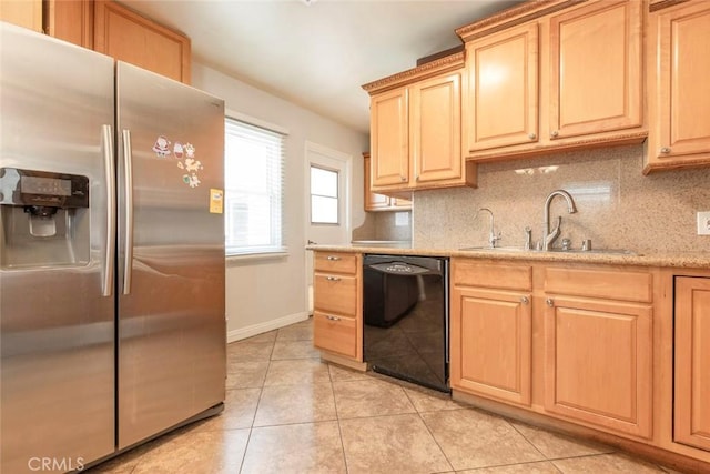 1821 N Niagara St, Burbank, CA 91505 - kitchen with stainless steel fridge with ice dispenser, black dishwasher, a sink, light brown cabinets, and tasteful backsplash