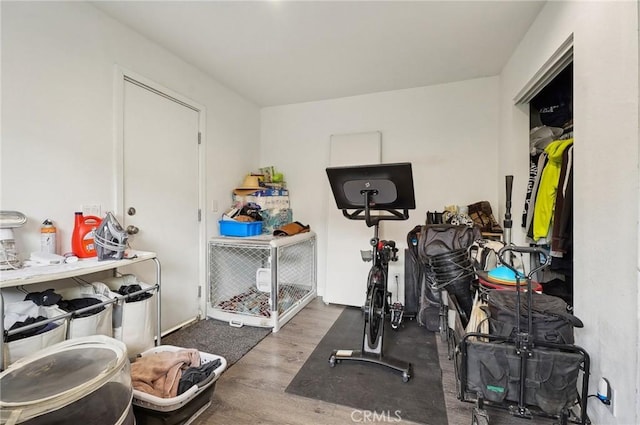 exercise room featuring wood finished floors
