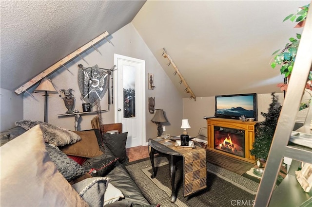 576 Rose Ln, Twin Peaks, CA 92391 - carpeted living area featuring lofted ceiling and a glass covered fireplace