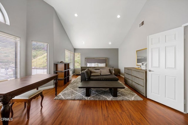 1985 Erin Way, Glendale, CA 91206 - bedroom featuring high vaulted ceiling, wood finished floors, and recessed lighting