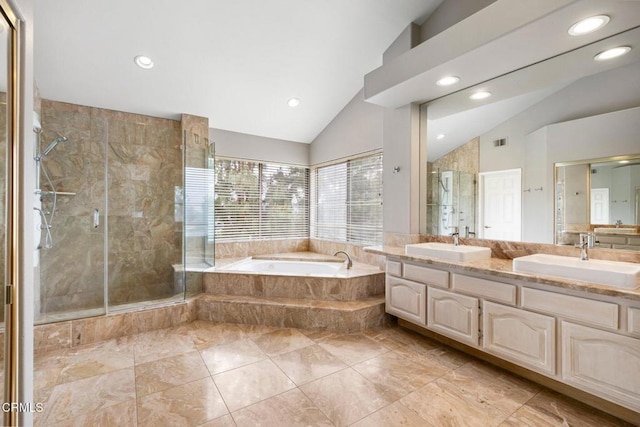 1985 Erin Way, Glendale, CA 91206 - bathroom featuring lofted ceiling, a bath, double vanity, recessed lighting, and a shower stall