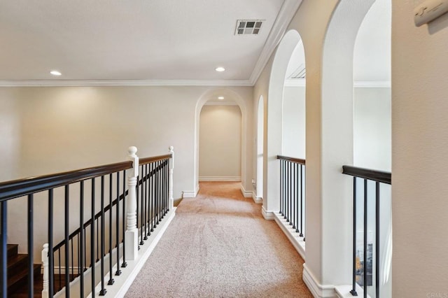32555 Safflower St, Winchester, CA 92596 - corridor featuring arched walkways, recessed lighting, carpet, ornamental molding, and baseboards