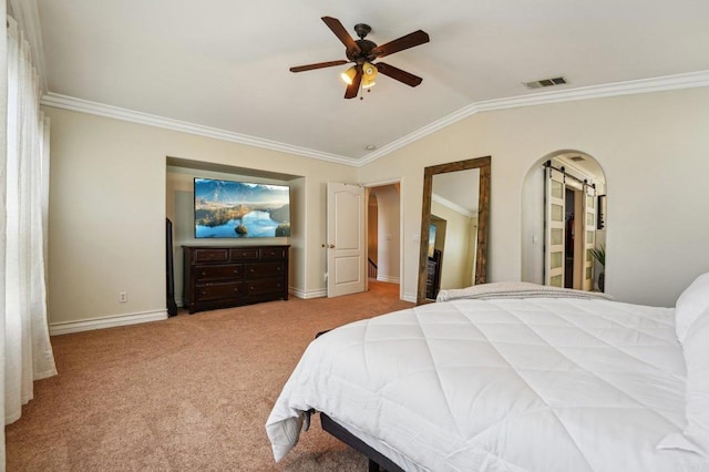 32555 Safflower St, Winchester, CA 92596 - carpeted bedroom featuring lofted ceiling, crown molding, baseboards, and ceiling fan