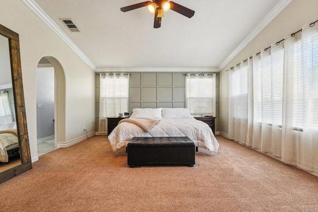 32555 Safflower St, Winchester, CA 92596 - bedroom featuring carpet, crown molding, arched walkways, baseboards, and ceiling fan